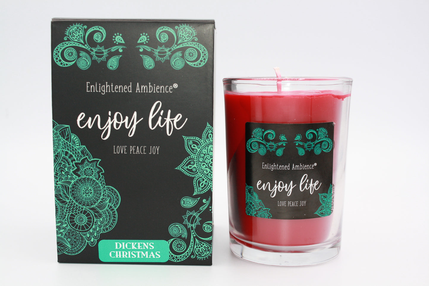 Dickens Christmas Red Soy Candle in 7.5 oz glass vessel.