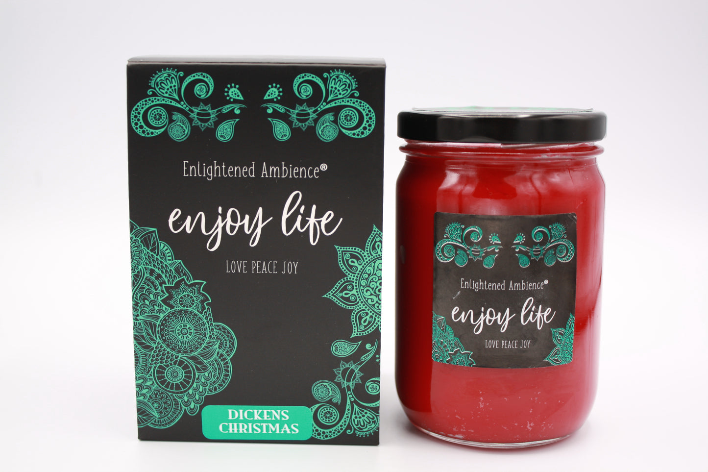 Dickens Christmas Red Soy Candle in 12 oz glass jar with lid.