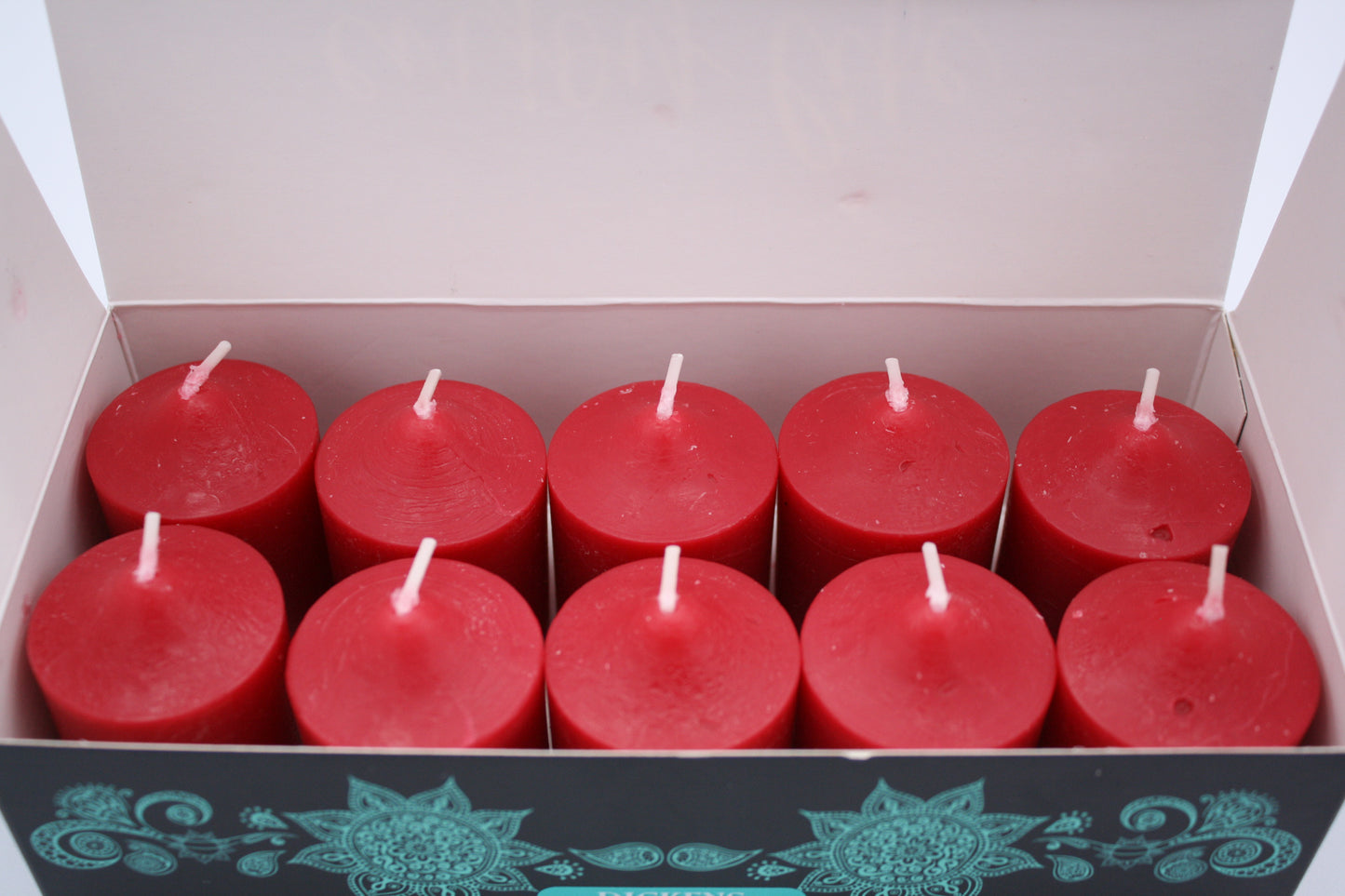 10 Pack of Dickens Christmas votive candles.